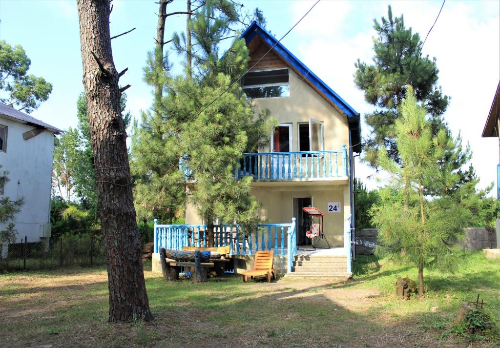 ein Haus mit einem Picknicktisch davor in der Unterkunft Villa Villekulla in Grigoleti