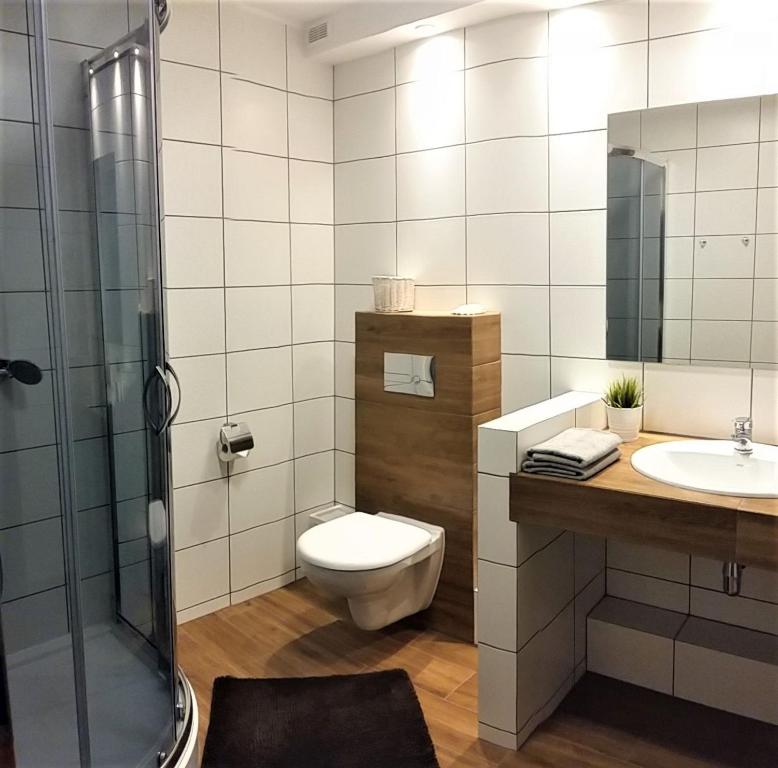ブワディスワボボにあるPokoje Gościnne Izabelaのバスルーム(トイレ、洗面台、シャワー付)