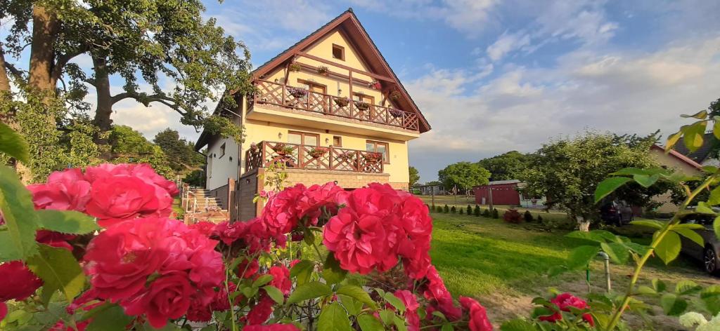 a house with red flowers in front of it at Pod Gruszą in Lubin