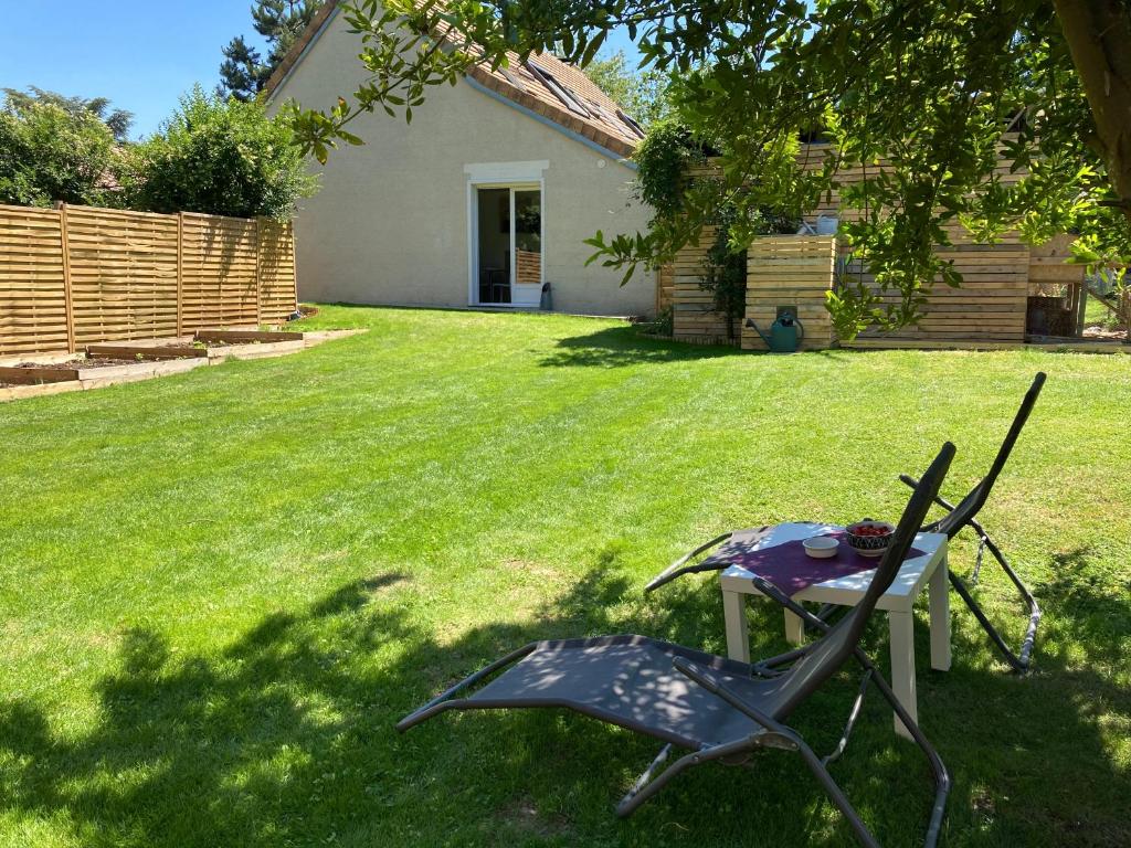 een stoel in een tuin met een tafel in het gras bij Le petit nid de chessy in Chessy