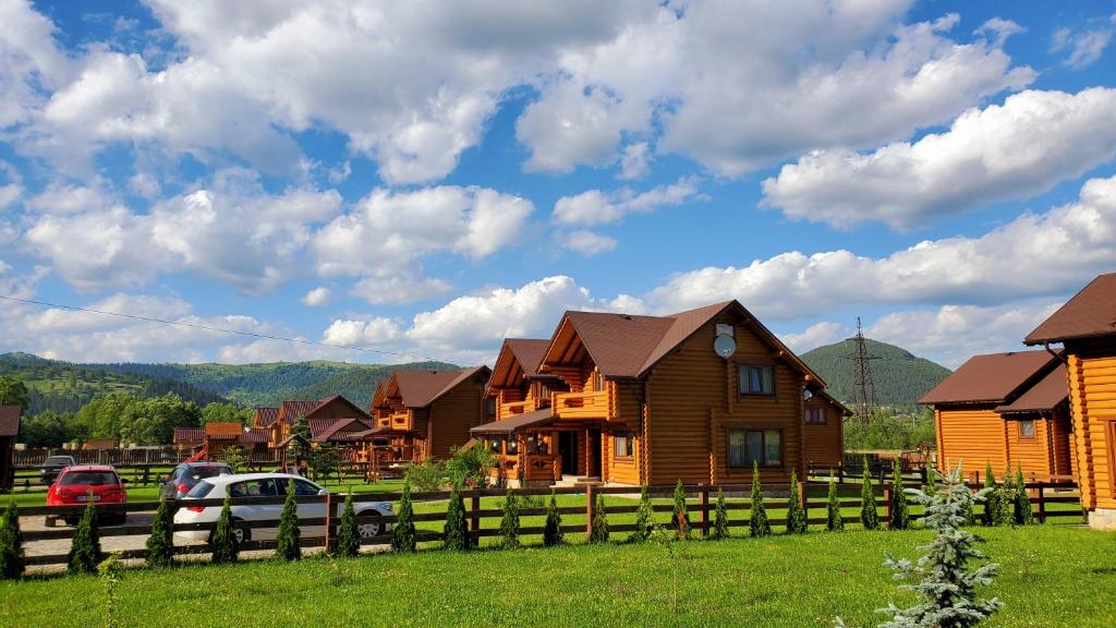a wooden house with cars parked in front of it at Vila Mila in Mykulychyn