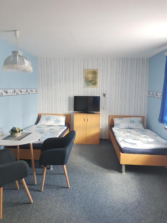 Friesau的住宿－Gasthaus Goldner Löwe，客房设有两张床、一张桌子和一台电视机。