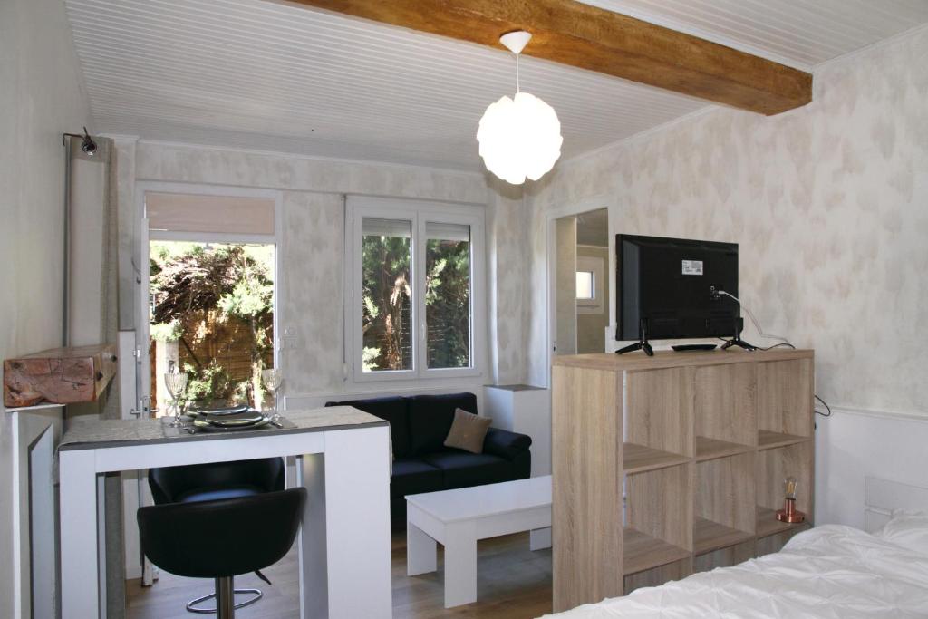 Habitación con cama y escritorio con TV. en La Pommeraie Studio, en Vernet-les-Bains