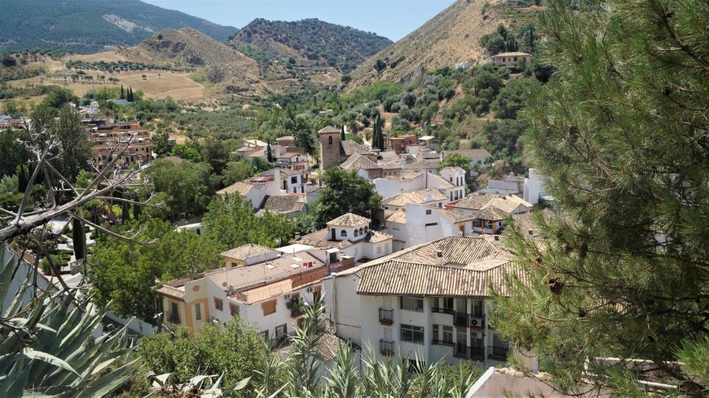 a village in the mountains with houses and trees at Casa Cueva “La Estrella” in Granada