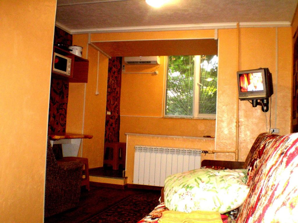 uma sala de estar com um sofá e uma televisão em Небольшая студия, пр. Центральный, 148, 1этаж-9этажного дома, WI-FI, 2 дивана и 2 кресла em Nikolayev