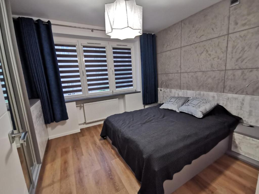 ein Schlafzimmer mit einem Bett mit zwei Kissen darauf in der Unterkunft Apartament Platynowy w Centrum Miasta in Częstochowa