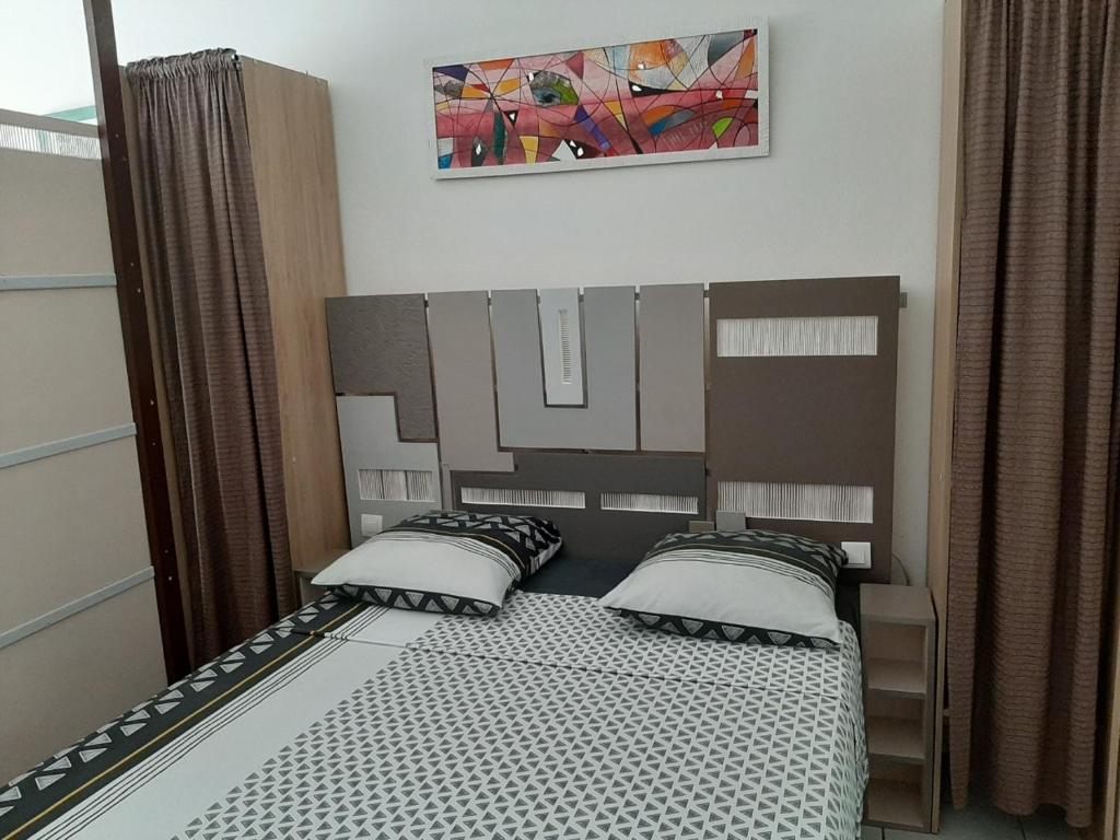 1 dormitorio con 1 cama con 2 almohadas en appartement Callebasse, en Cayenne