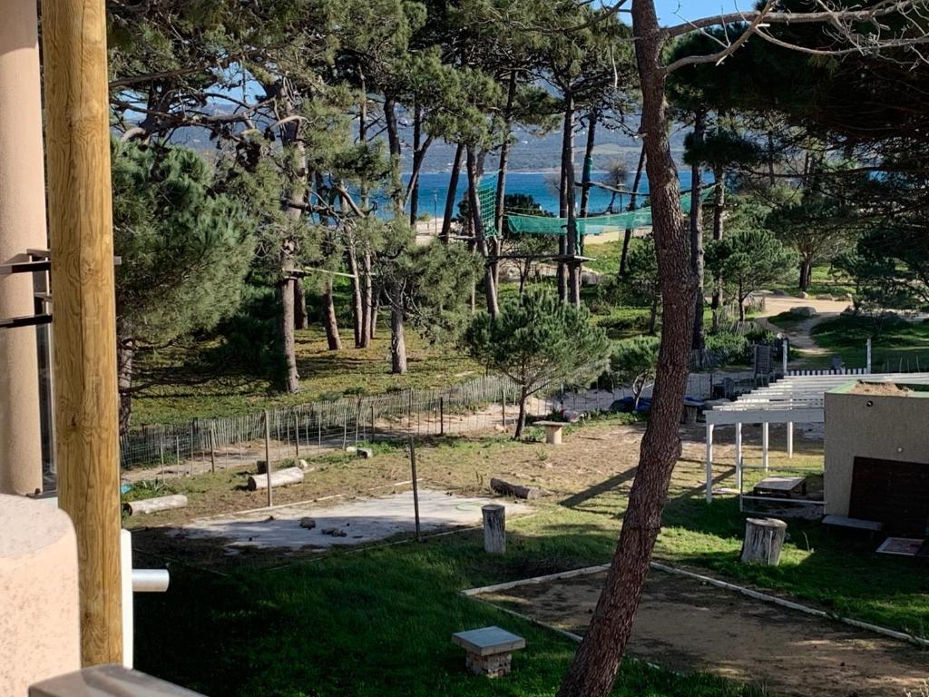 vista su un parco alberato e parco giochi di T2 neuf bord de plage - terrasse - CALVI a Calvi