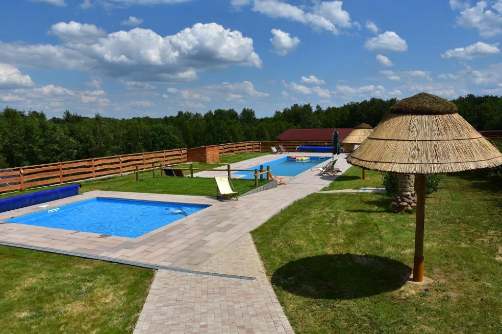 Łagów的住宿－Górski Ogród，旁边设有1个带1把草伞的大型游泳池