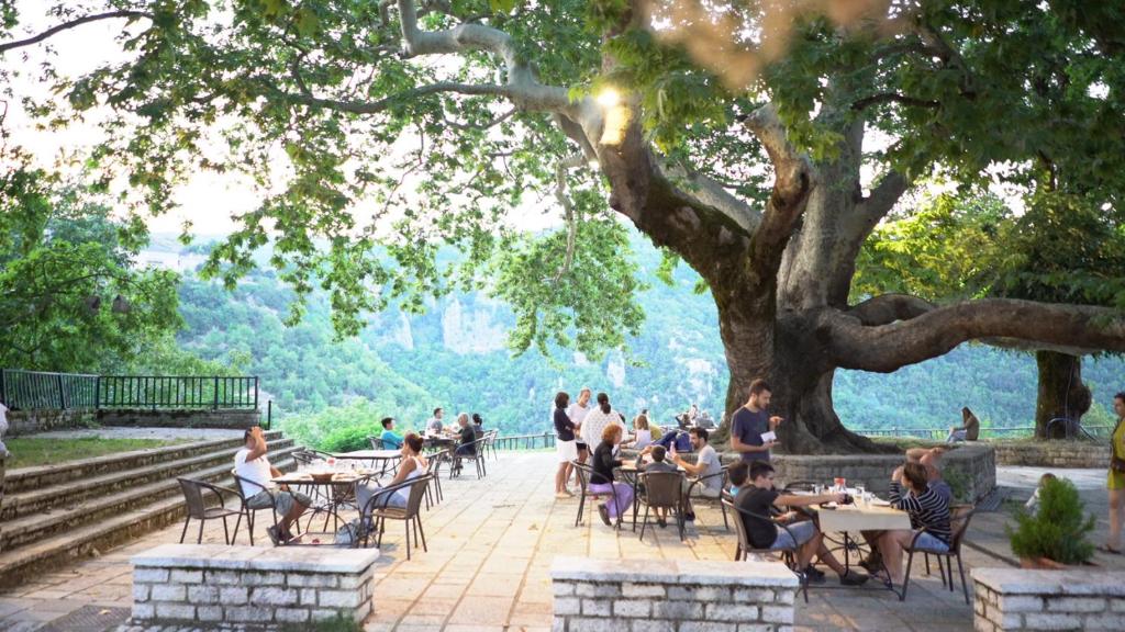 a group of people sitting at tables under a tree at En Chora Vezitsa in Vitsa