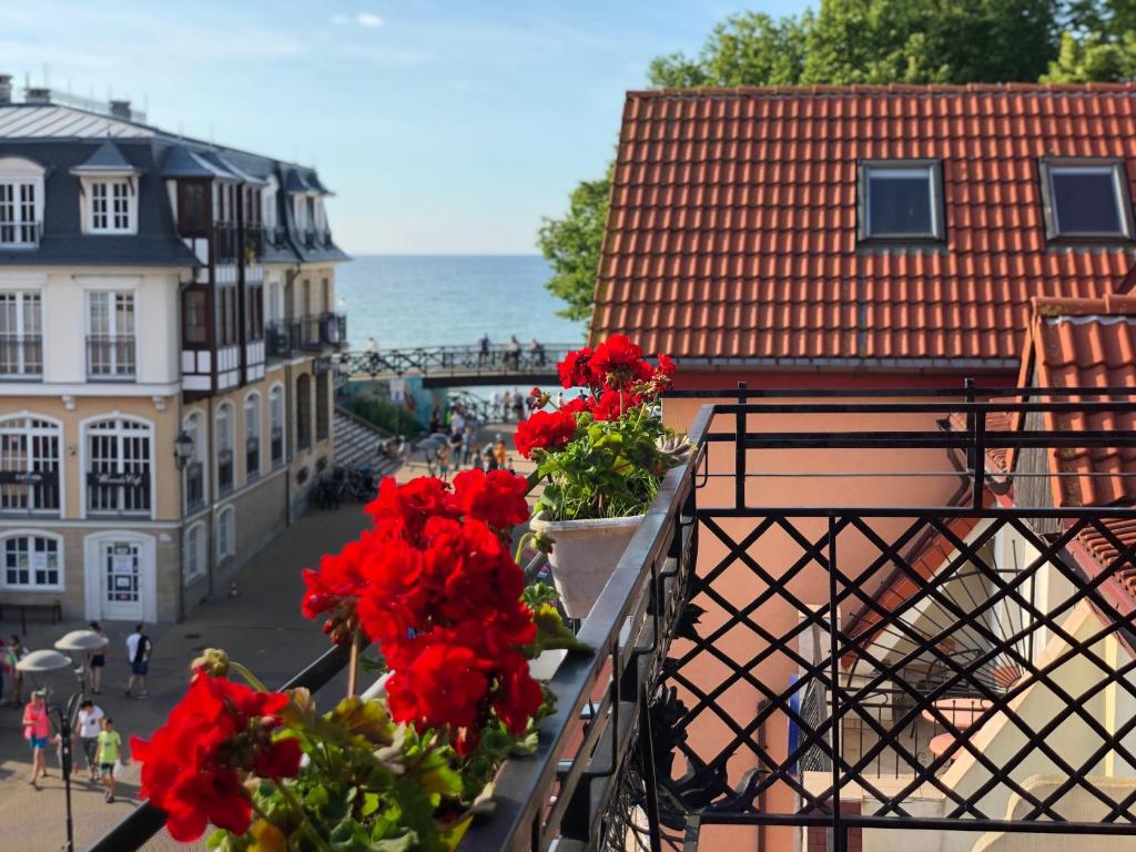 a balcony with red flowers and buildings and the ocean at Chaton in Mielno