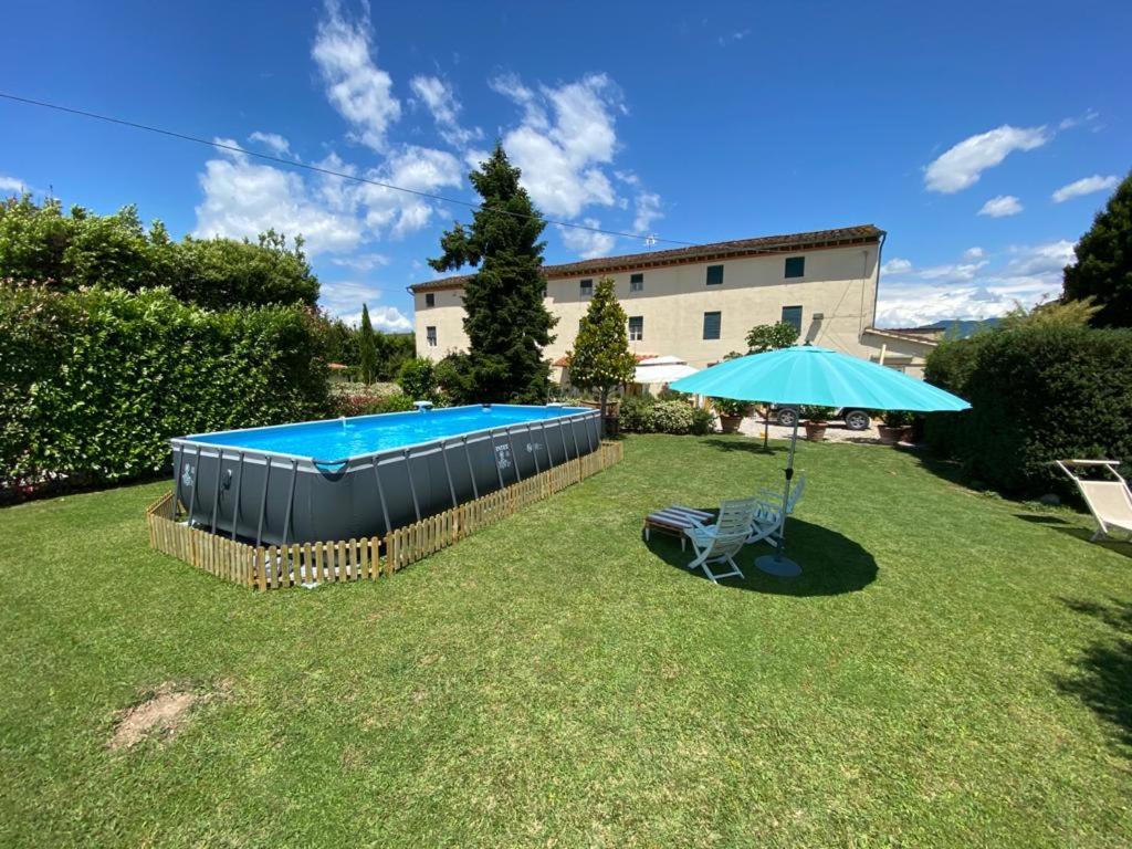 a swimming pool and an umbrella in a yard at Appartamenti Corte dell'Arancio in Lucca