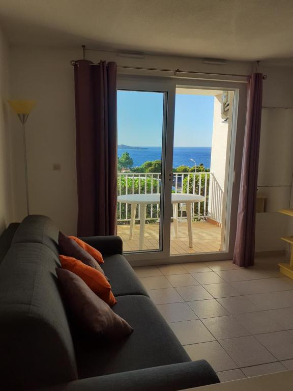 a living room with a couch and a view of the ocean at Studio cabine Thalacap Vue mer in Banyuls-sur-Mer