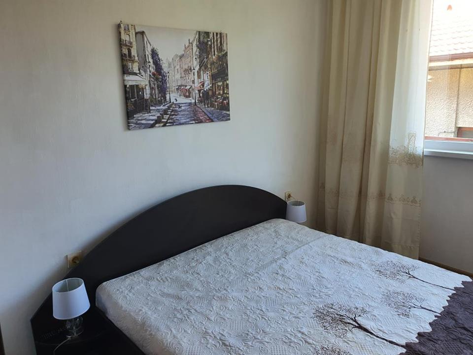 1 dormitorio con 1 cama y una foto en la pared en Margo, en Sozopol
