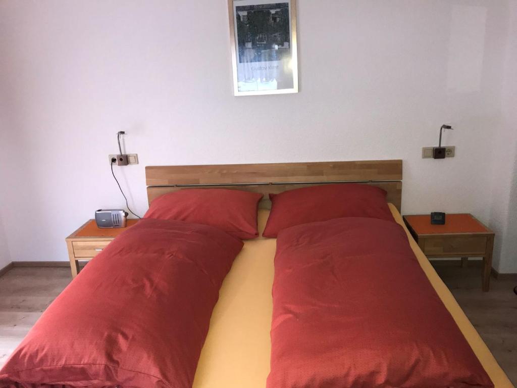 ein Bett mit zwei roten Kissen in einem Zimmer in der Unterkunft Ferienwohnung Rottensteiner Sybille inclusiv Sommercard in Jerzens