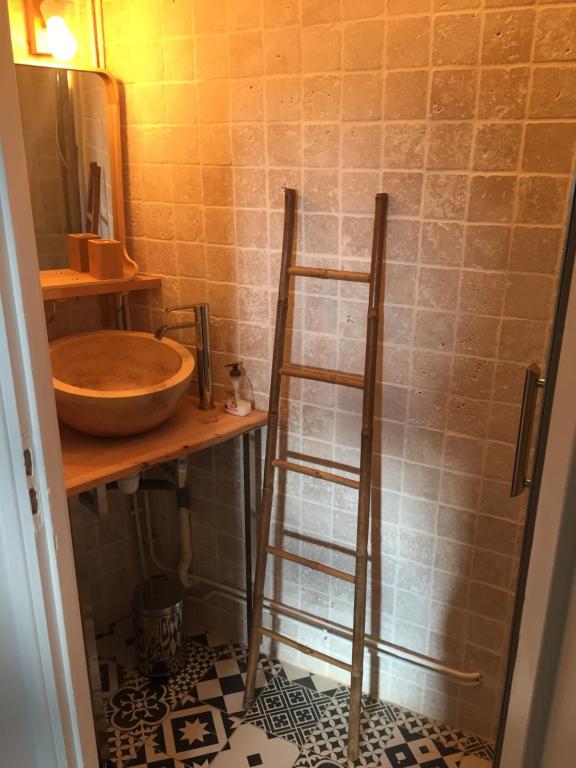a bathroom with a shower with a sink and a ladder at Centre ville Perpignan - Le Castillet in Perpignan