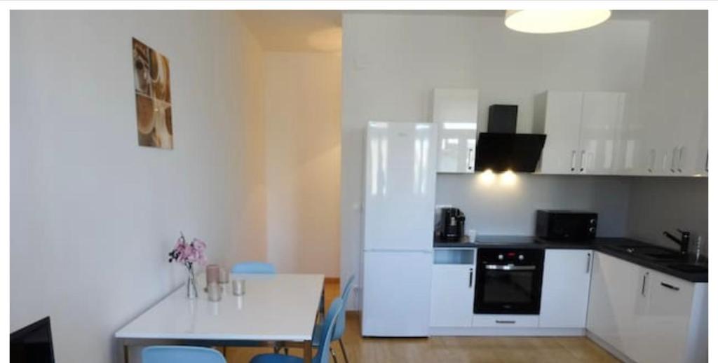 a kitchen with a white refrigerator and a table with chairs at Between Schoenbrunn and the City Center. Apt. 31 in Vienna