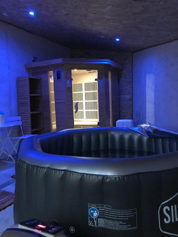 uma banheira de hidromassagem num quarto com um quarto azul em Campagn'Art em Les Fosses