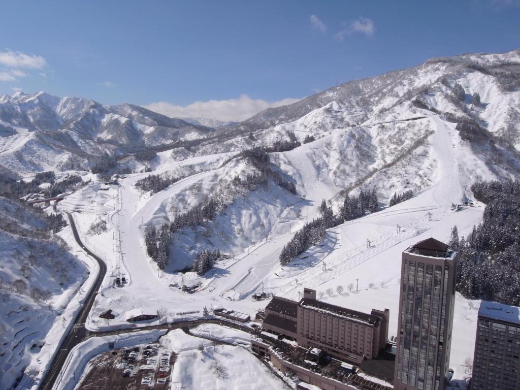 an aerial view of a ski resort in the snow at NASPA New Otani in Yuzawa