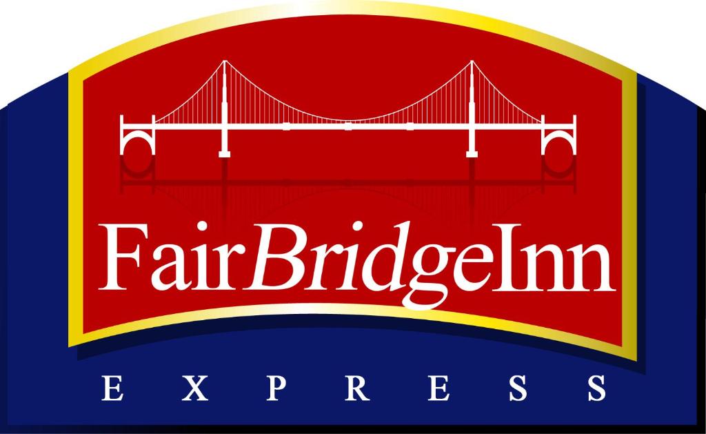 a label with the golden gate bridge in red and blue at FairBridge Inn Express North Lima in North Lima