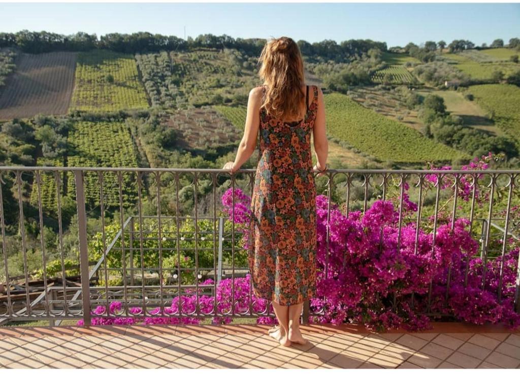 a woman standing on a balcony overlooking a vineyard at La Casa Di Stefania in Pollutri