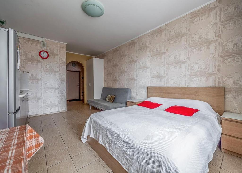 バラシハにあるApartment Hanaka Nosovihinskoe 27のベッドルーム1室(赤い枕のベッド1台付)