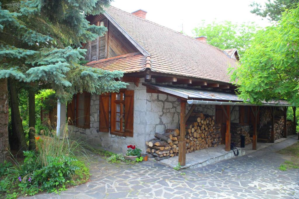 Uma casa com uma pilha de troncos à frente. em Garábi Udvarház em Garáb