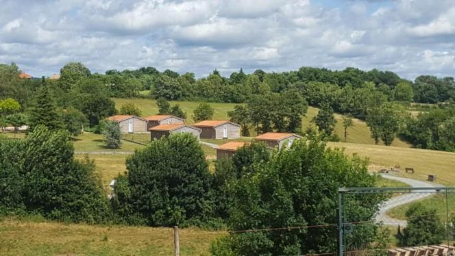 a group of houses in a field with trees at LES CHALETS D HERMINE in Montredon-Labessonnié