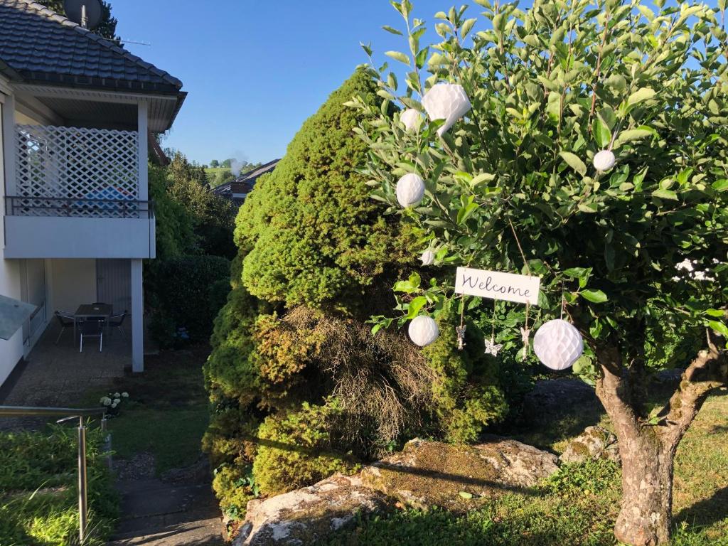 Un arbusto con un árbol con un cartel. en FeWo Alkapa en Hilzingen