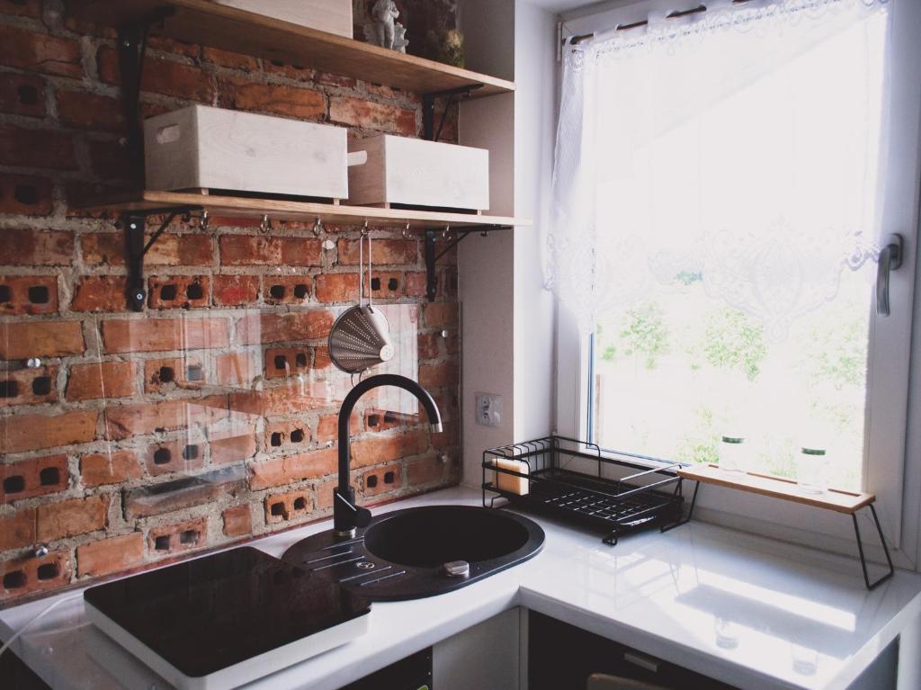 uma cozinha com uma parede de tijolos e um lavatório em Wellspring em Radom