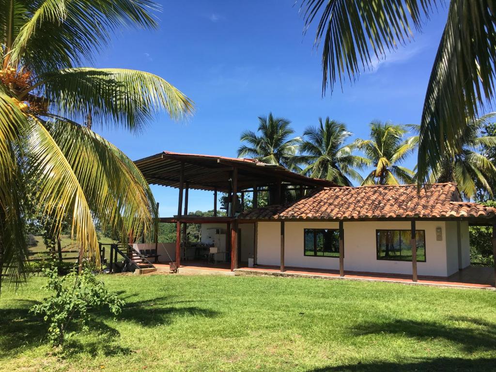 a house with palm trees in front of it at Finca en Doradal ( Hacienda Napoles y Rio Claro ) in Doradal