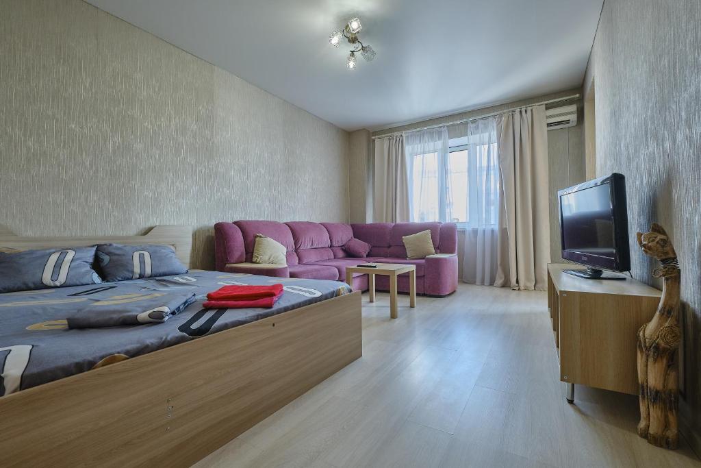 トムスクにあるApartment on Belentsa 6のリビングルーム(紫色のソファ、テレビ付)