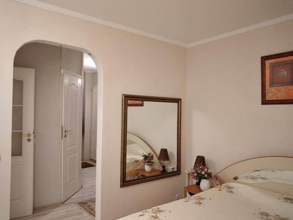 1 dormitorio con espejo y 1 cama en Apartment on Khristo Boteva Street, en Chişinău