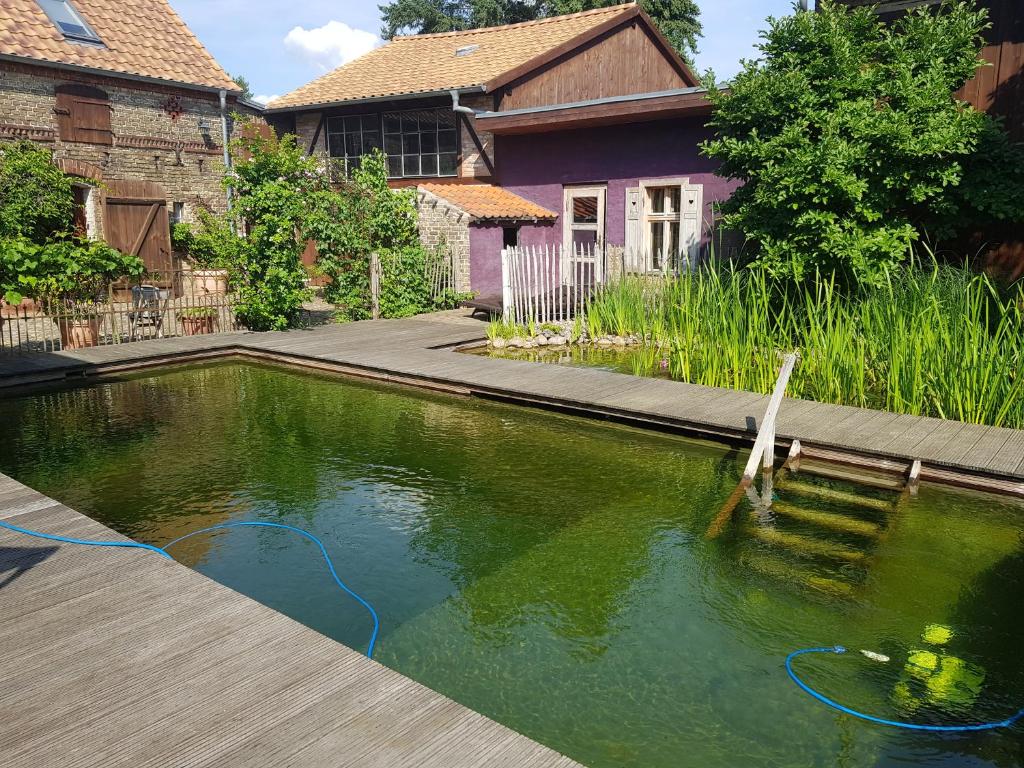 a pool of water in front of a house at Ferienwohnung in der Remise in Potsdam