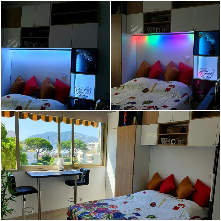 Postel nebo postele na pokoji v ubytování Garden and beach sea view apartment Cannes