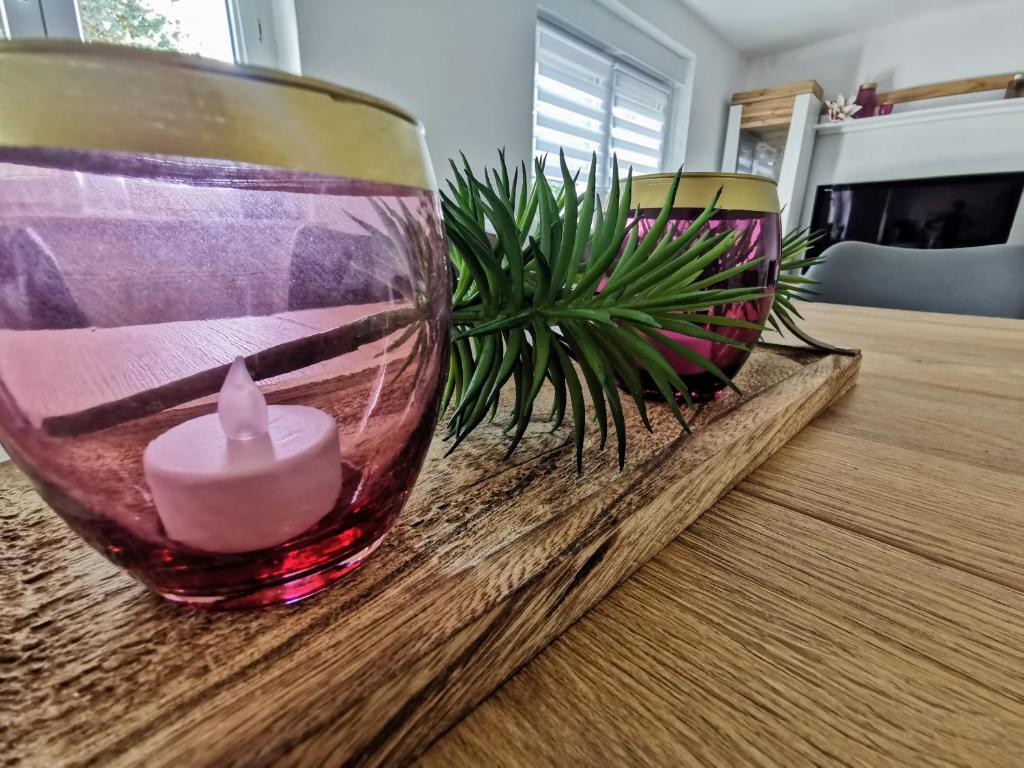 a glass bowl with a candle and a plant on a table at Ferienhaus Rosmarie am Elbradweg in Grödel