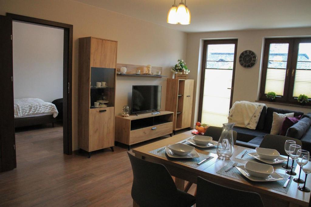 Televízia a/alebo spoločenská miestnosť v ubytovaní Apartamenty Królewskie