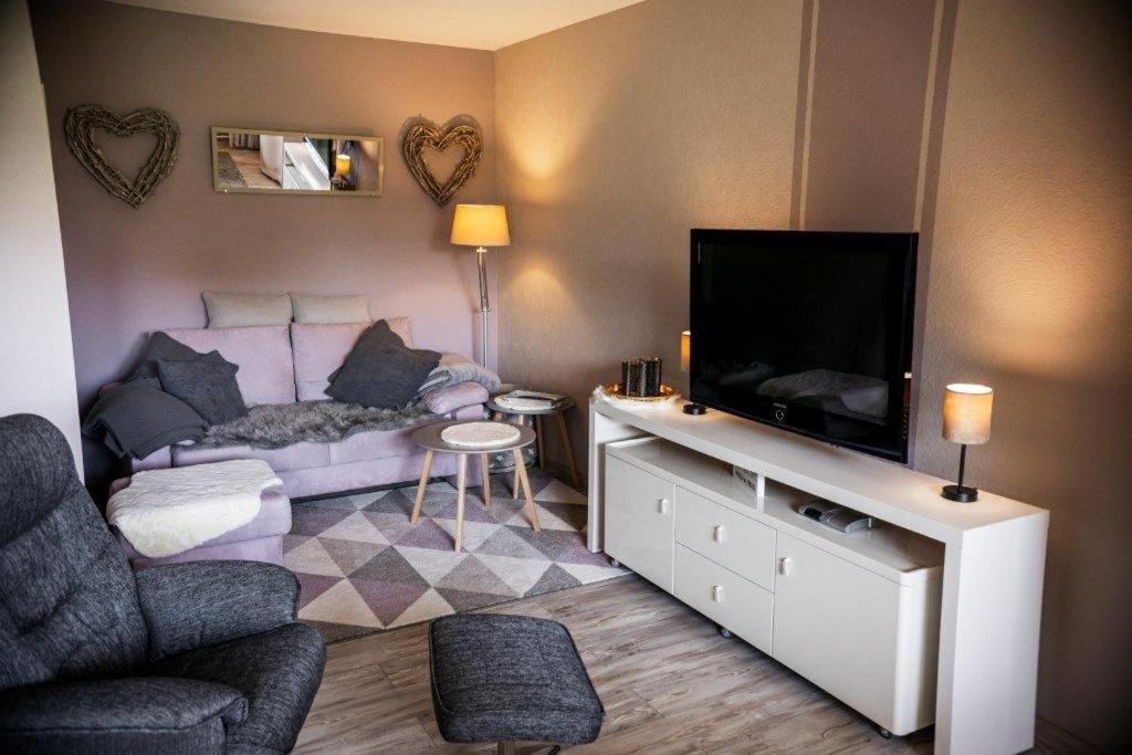 a living room with a couch and a flat screen tv at Harzgeiss in Hohegeiß