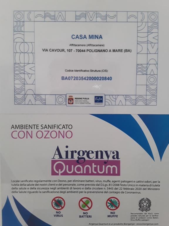 Certifikát, ocenenie alebo iný dokument vystavený v ubytovaní Casa Mina affittacamere