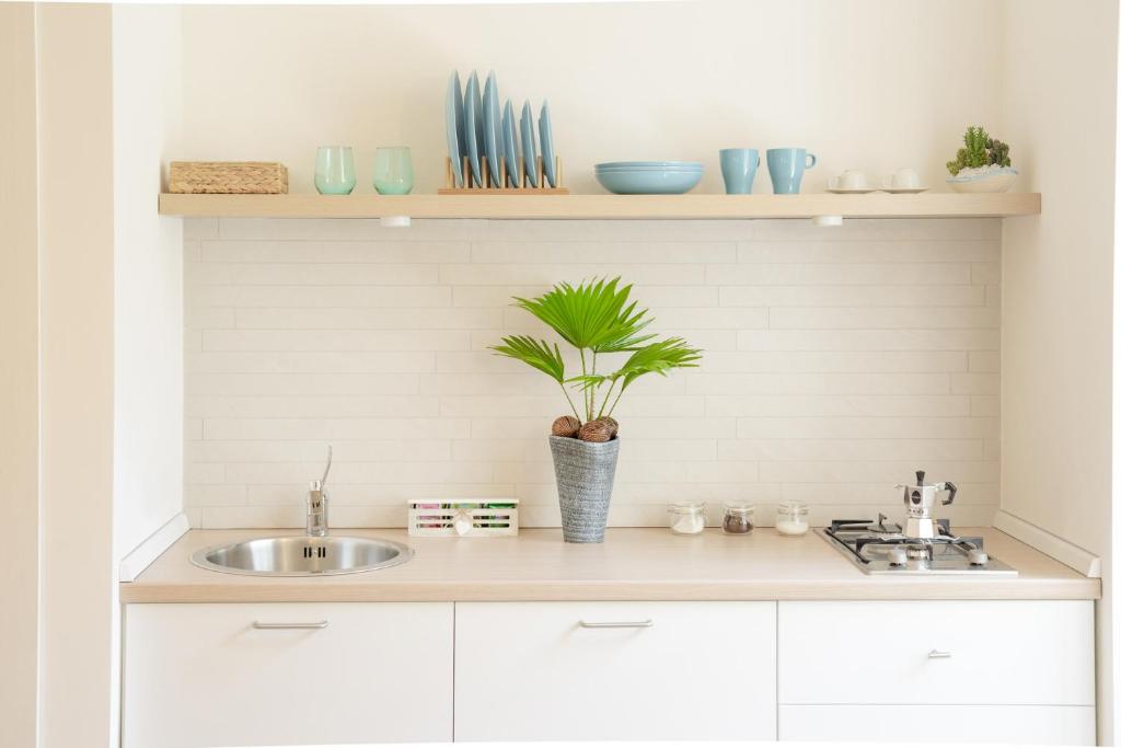 a kitchen counter with a sink and a plant at Le Volte Procida Home in Procida