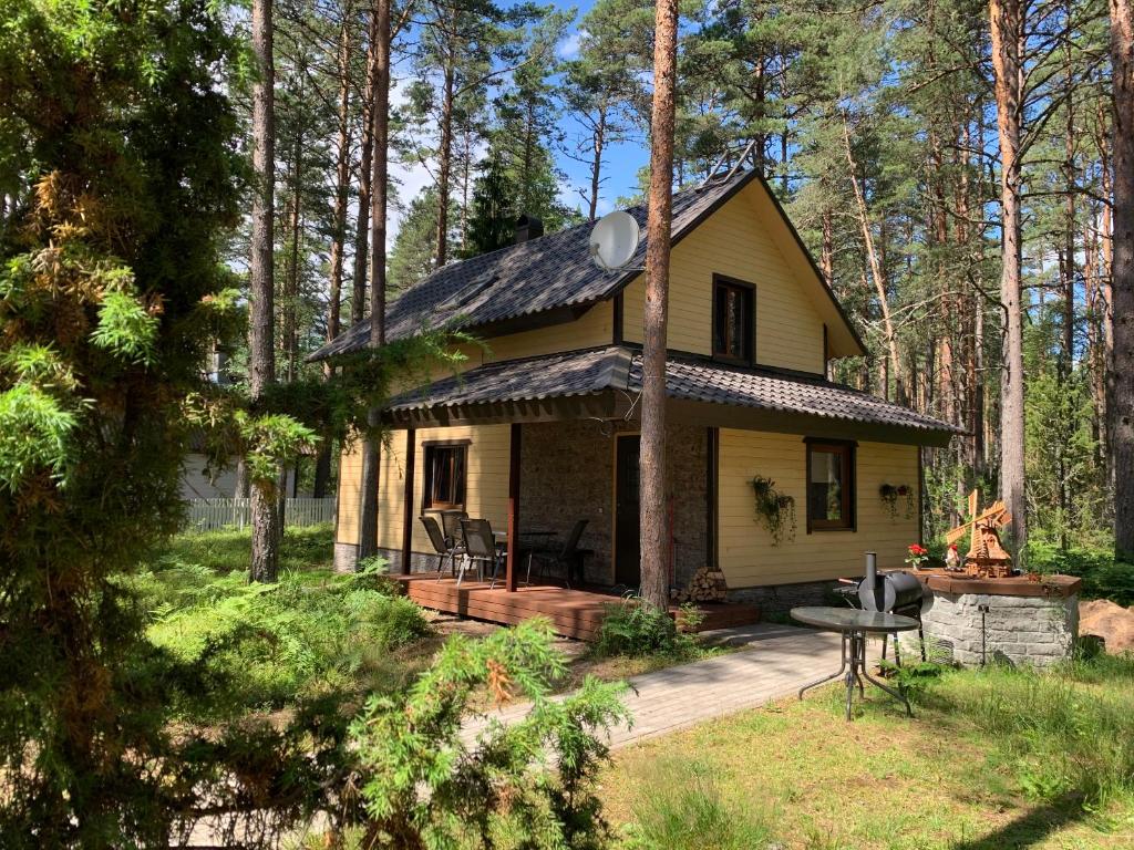 una pequeña casa amarilla en el bosque con terraza en Kammelja Puhkemajad, en Kuru