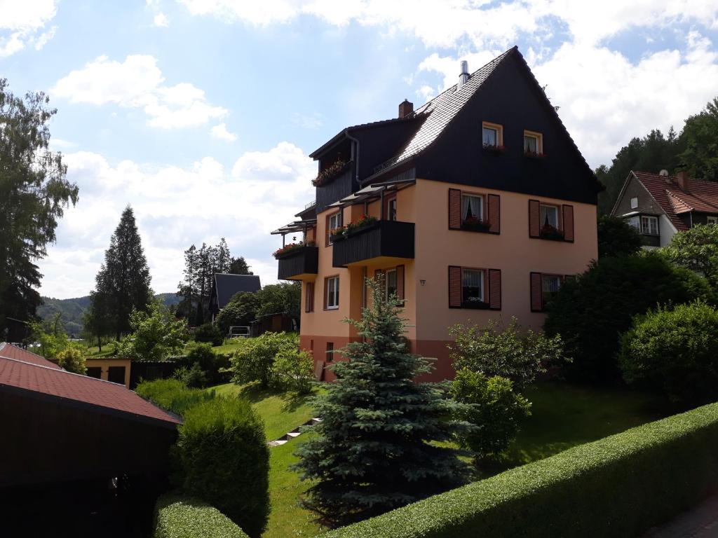 une grande maison au milieu d'un jardin dans l'établissement Ferienwohnung Familie Frank, à Rathen