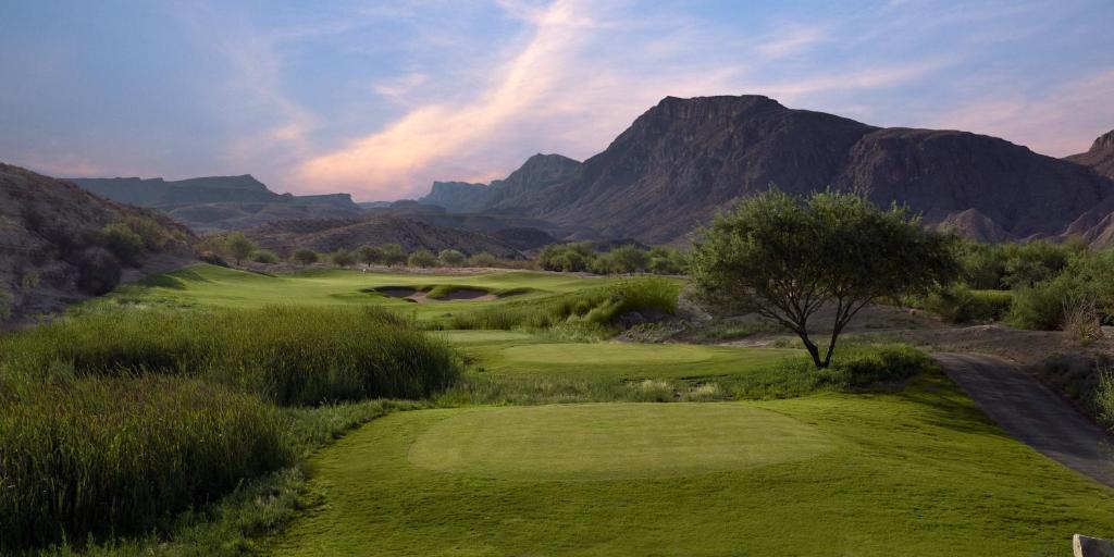 a grassy field with a mountain range at Lajitas Golf Resort in Terlingua