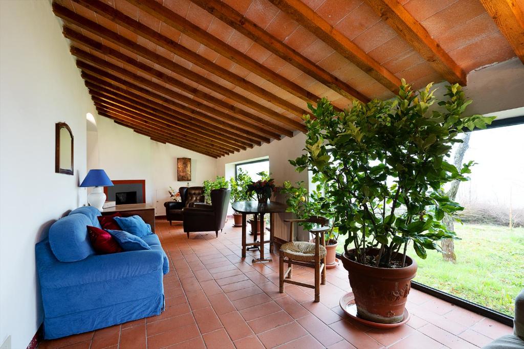 a living room with a blue couch and a table at Poggio a Sieve in Villore