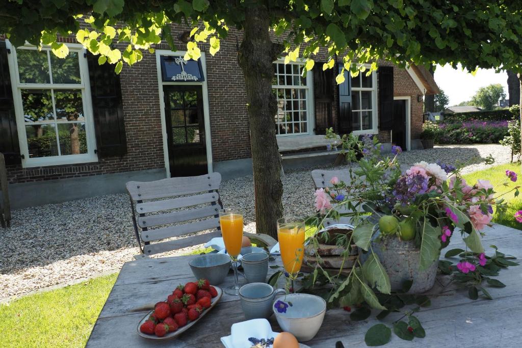 una mesa de picnic con fruta y zumo de naranja. en Bed & Breakfast De Oude Heerd en Doornspijk