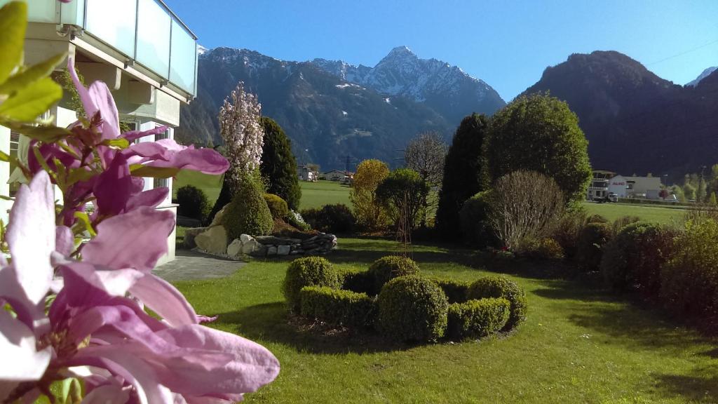 un jardín con arbustos y un edificio con montañas en el fondo en Apart Heim, en Ramsau im Zillertal