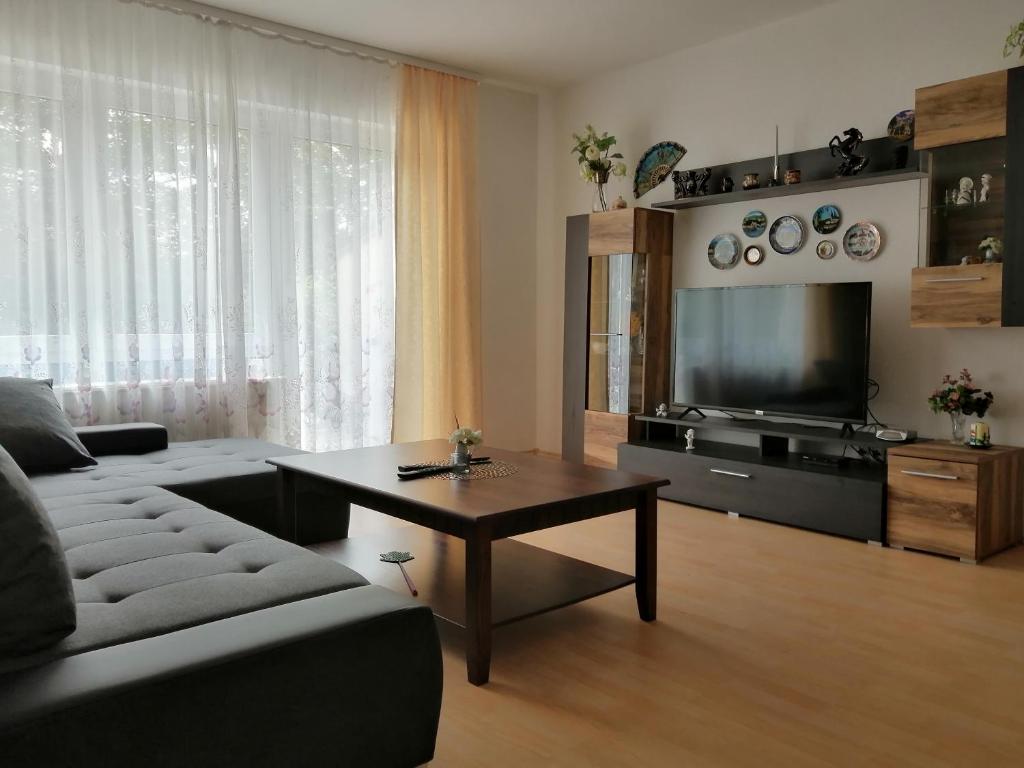 a living room with a couch and a television at Apartment Paradies in Öhringen