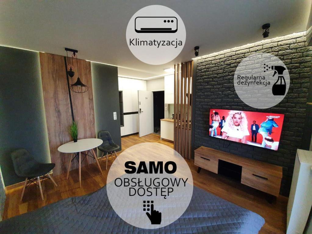 ein Wohnzimmer mit einem Samsung-Deskriptor auf dem TV in der Unterkunft Nowe Apartamenty Iława Odnowiciela z klimatyzacją in Iława