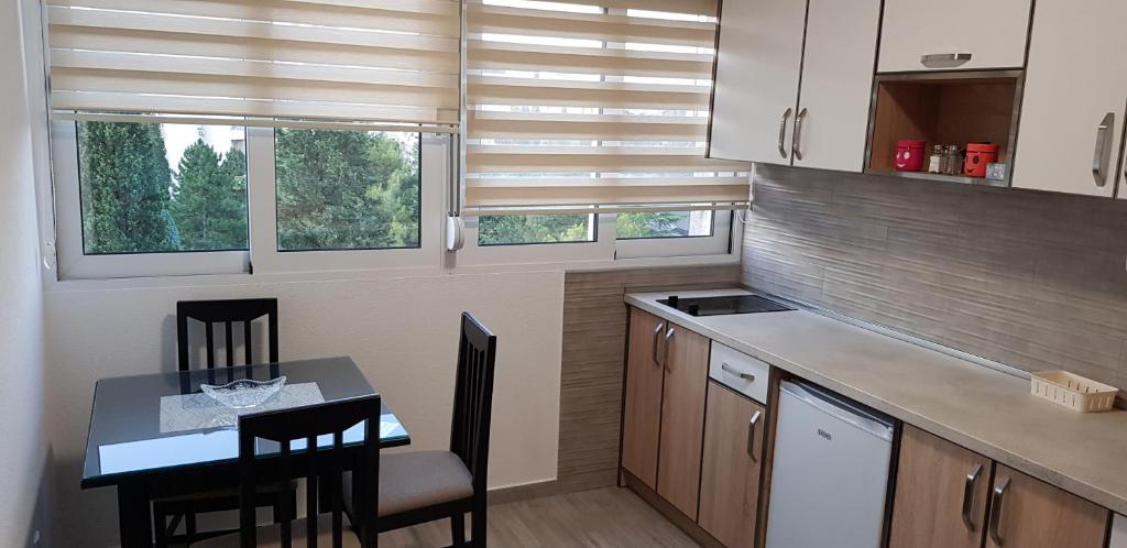 eine Küche mit einem Tisch, Stühlen und Fenstern in der Unterkunft Renta stan apartman odmor in Podgorica