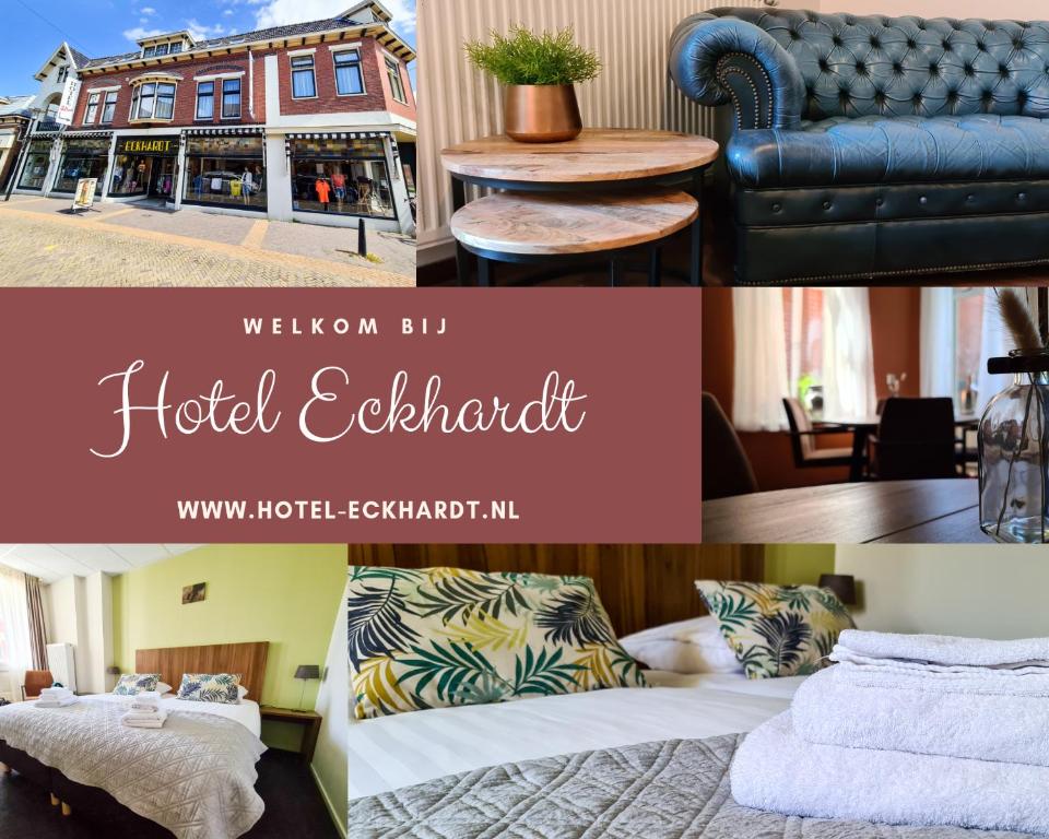 een collage van foto's van een hotelappartement bij Hotel Eckhardt in Uithuizen
